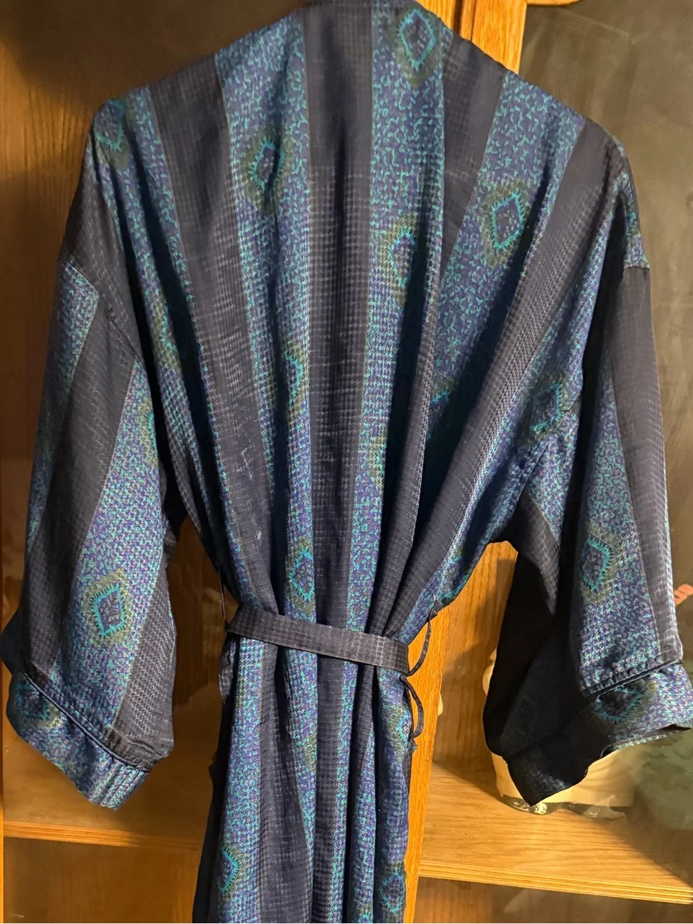 Christian Dior men’s robe one size navy green & blue peacock pattern geometric